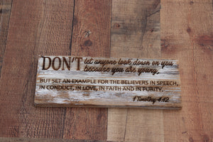 Engraved on plank - 1 Timothy 4:12