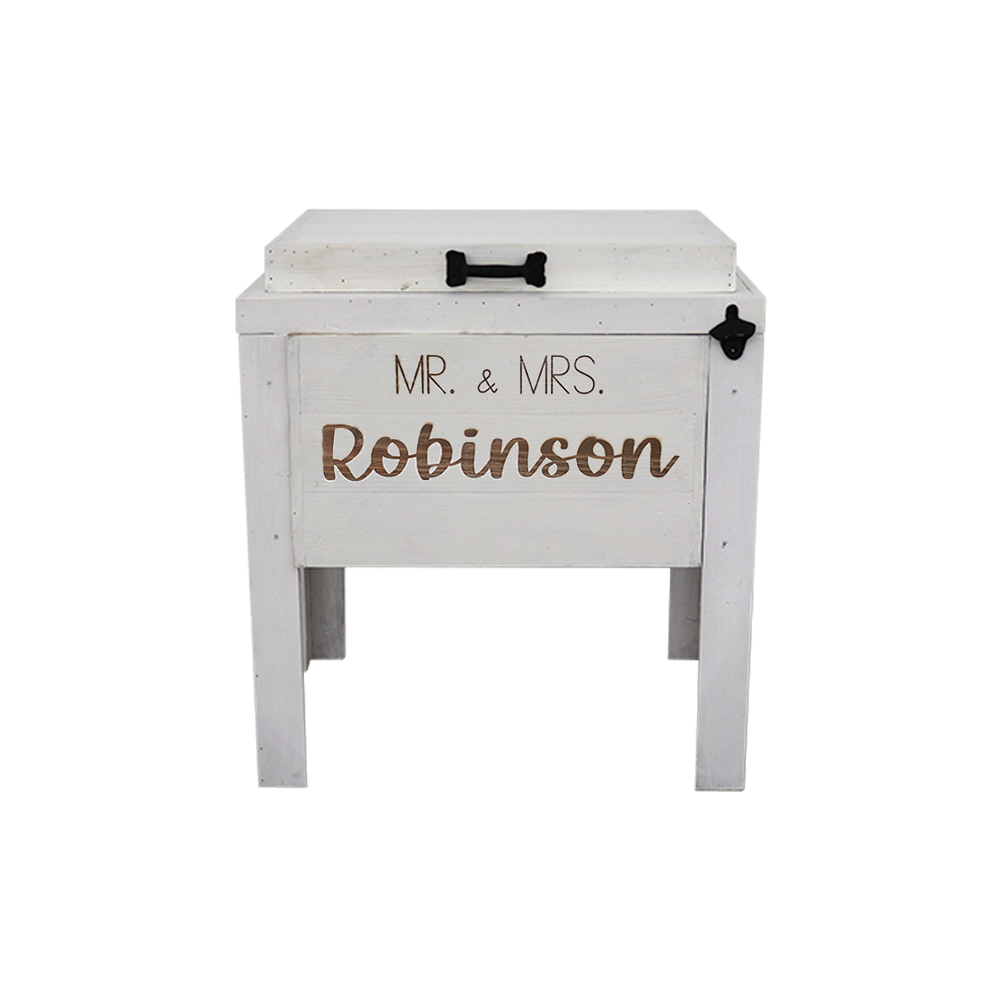 single rustic cooler, white paint, engraved